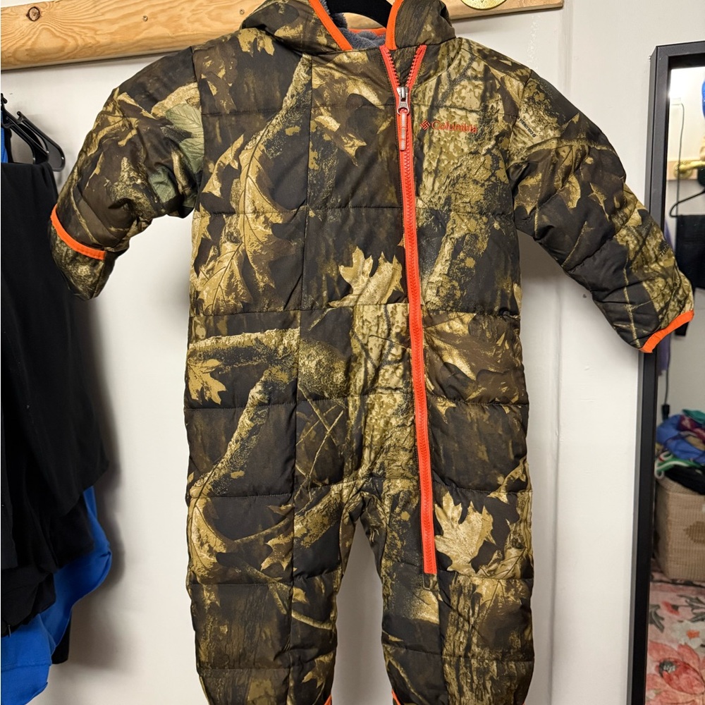 Columbia Camo Hooded Snowsuit with Orange Accents